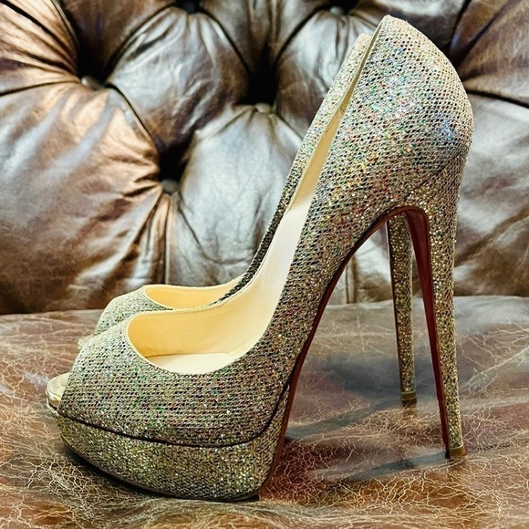 Christian Louboutin “Lady Peep” peep toe pumps 150mm glitter wrap leather EU39 - Picture 8 of 14